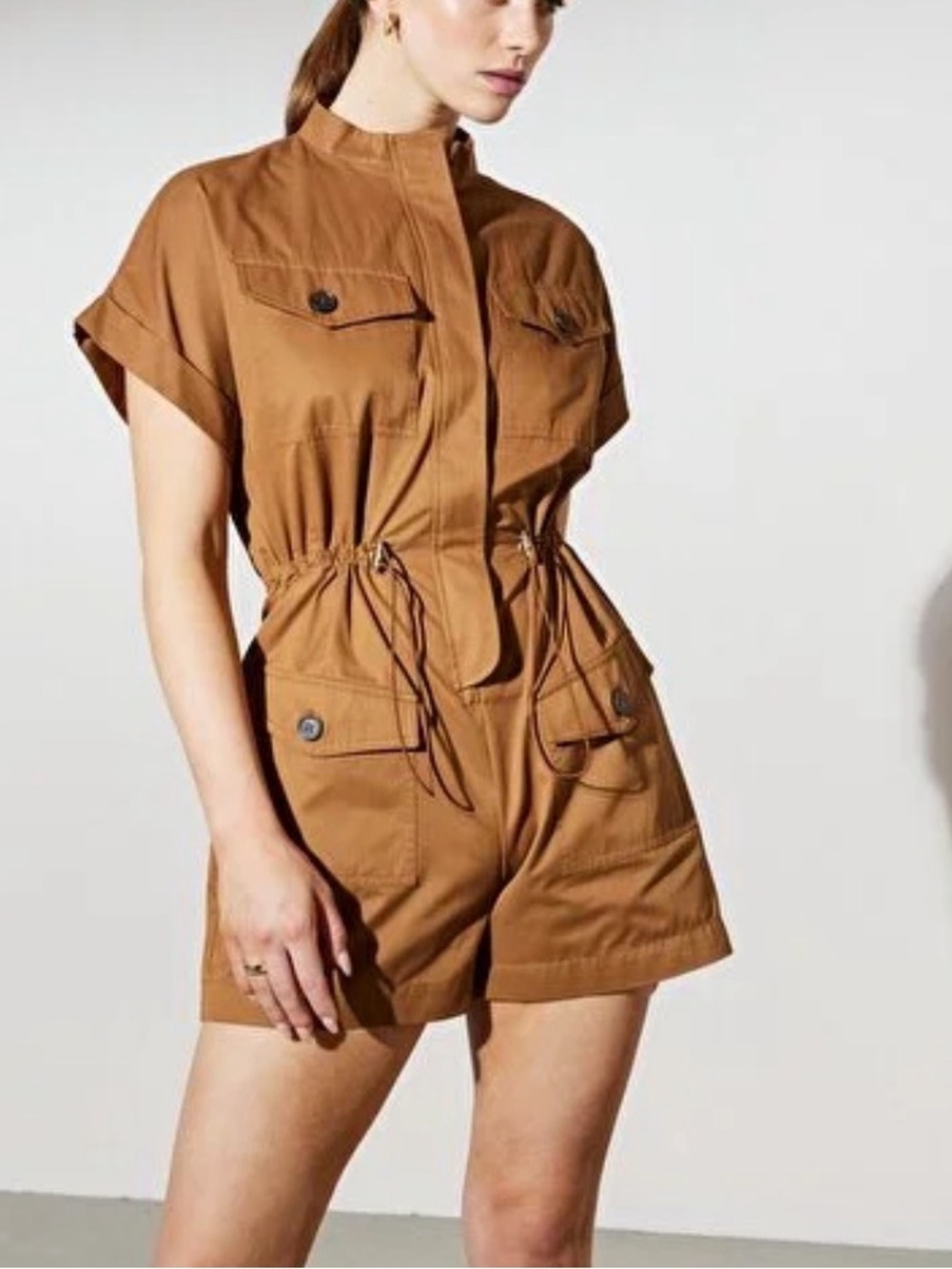 Brown UtilityShort-Sleeve Long Shorts Belted Romper